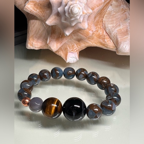 LAKE BLUE CLOISONNÉ JASPER + ONYX + TIGERS NATURAL STONES BRACELET size 7.5” - Picture 4 of 8